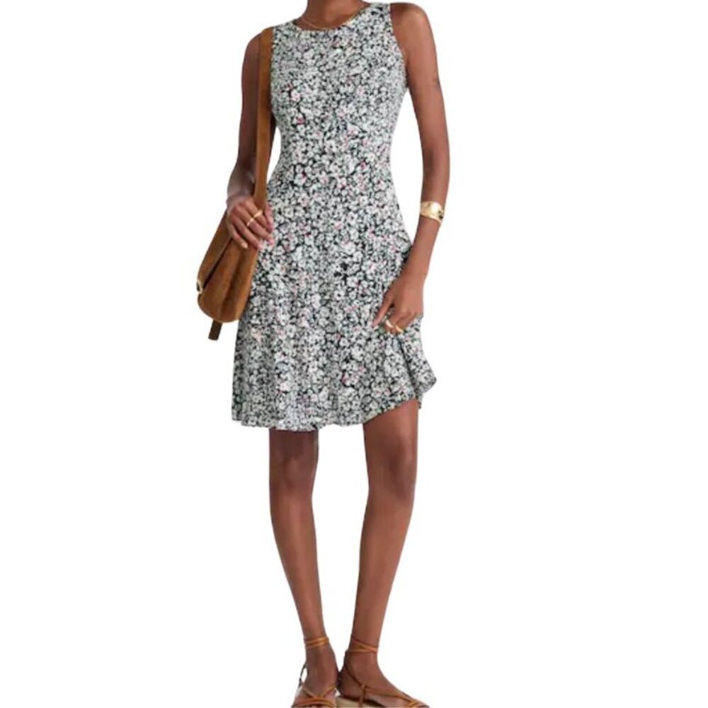 NWT Madewell Button-Front Boatneck Mini Dress Sz 14 Floral Navy Sleeveless Prepp